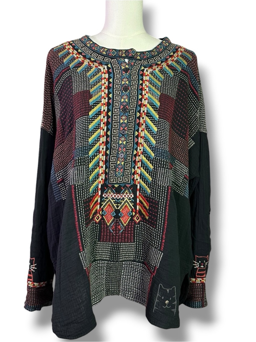 Johnny Was Pete & Greta Roza Cat Embroidered Gauze Tunic Top Oversized XL